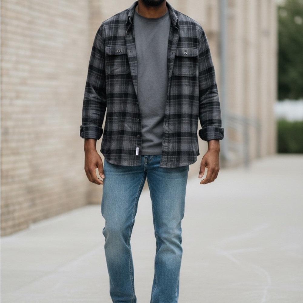 Men's Black & Charcoal Plaid Shirt Jacket